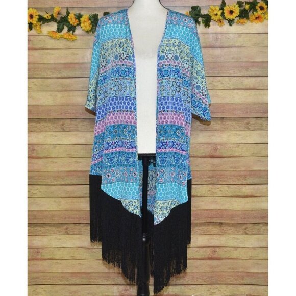Liberty Love Blue Floral Cardigan Kimono Jacket Size L Long Fringe Festival Boho - Picture 1 of 14
